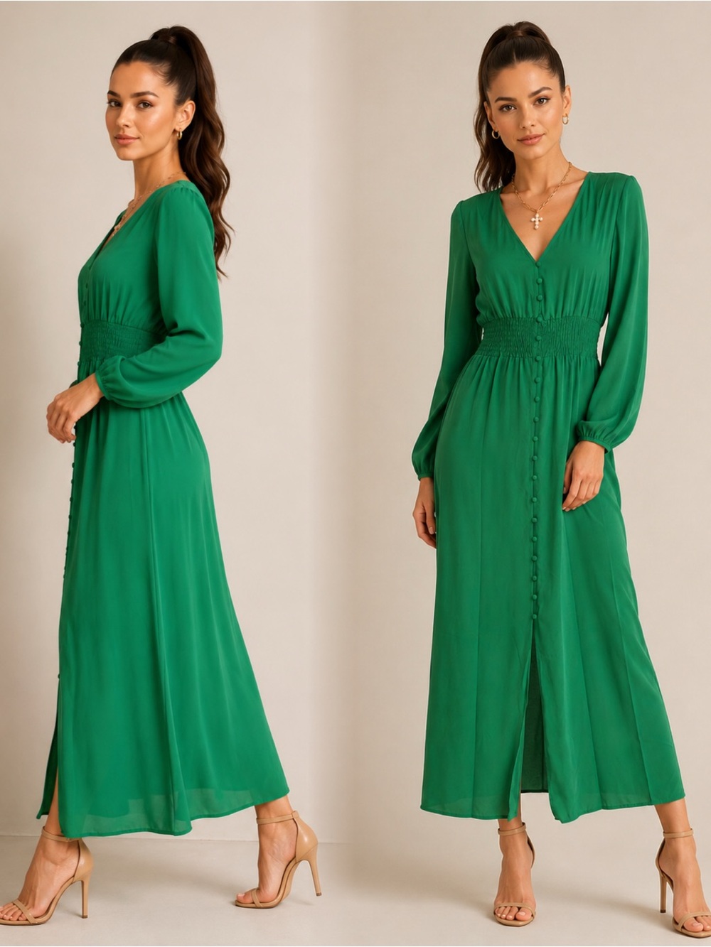 Green V-Neck Long Sleeve Maxi Dress with Smocked Waist